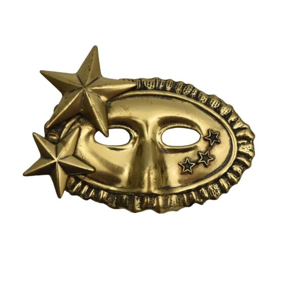 Vintage Masquerade Mask Brooch Pin Gold Tone Metal 2 in - Picture 1 of 3